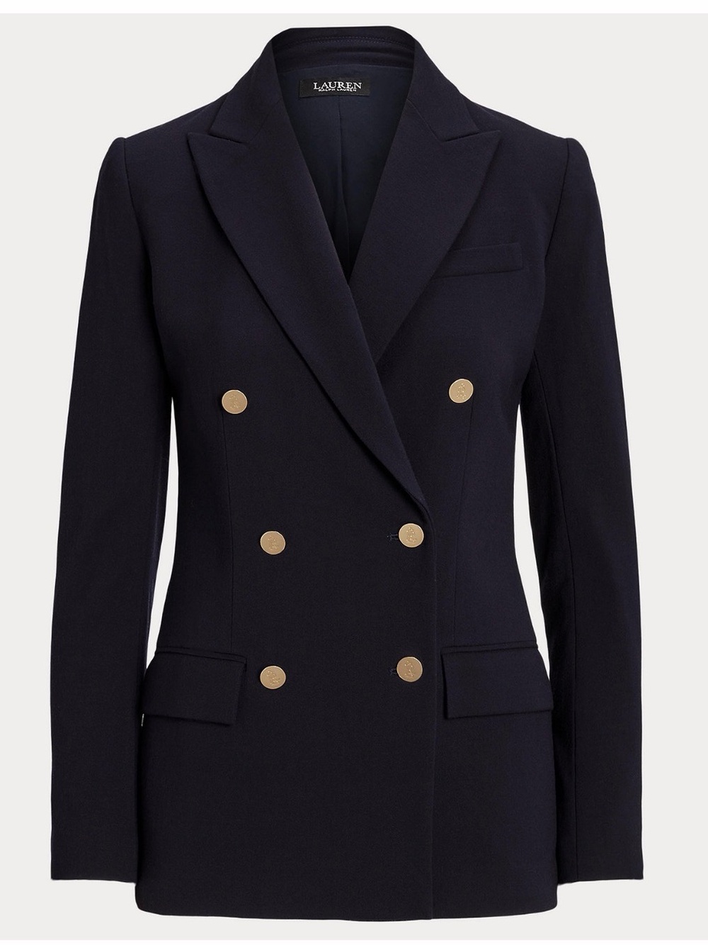 Lauren Ralph Lauren Double-Breasted Navy Wool Crepe Blazer with Gold Buttons